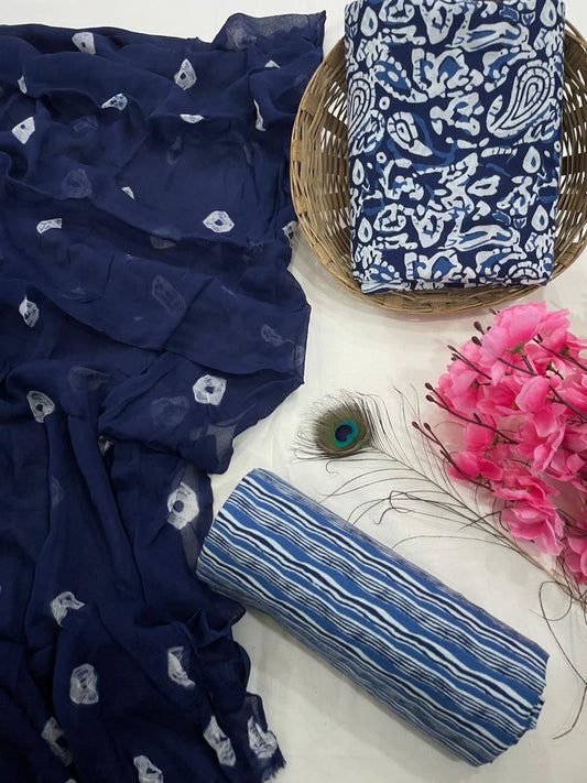 Cotton Suit Set with Pure Chiffon Dupatta and Cotton Bottom | 60×60 Cambric Cotton | House of the Handblock Jaipur