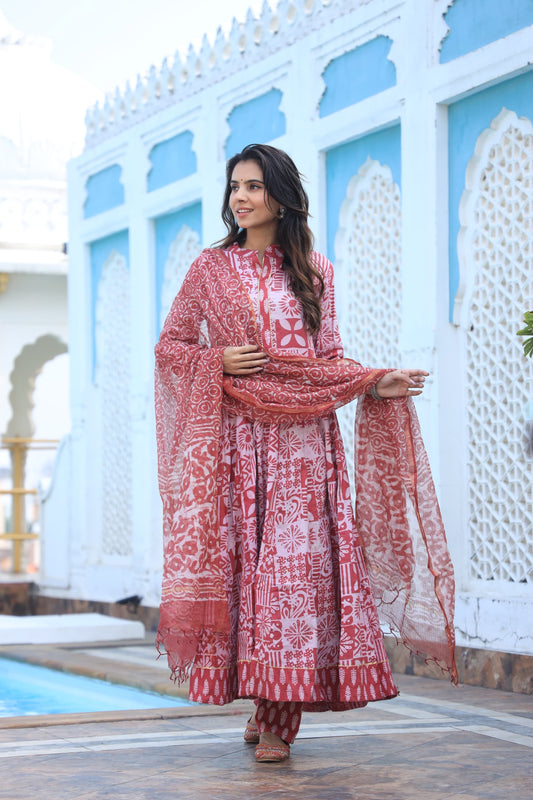 GI Tagged Handblock Printed Pure Cotton long Anarkali 3-Piece Set – Premium Quality 60x60 Fabric