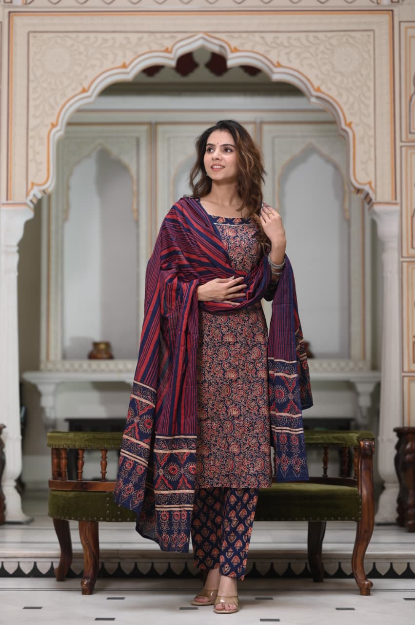 Exclusive Jaipuri Printed Cotton Kurti Set with Printed Plazo & Dupatta | Pure 60×60 Cotton- House Of The Handblock