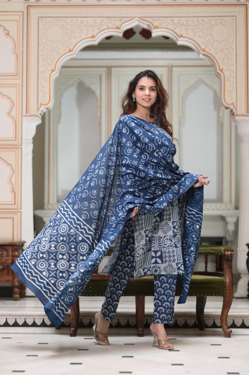 Exclusive Jaipuri Printed Cotton Kurti Set with Printed Plazo & Dupatta | Pure 60×60 Cotton- House Of The Handblock