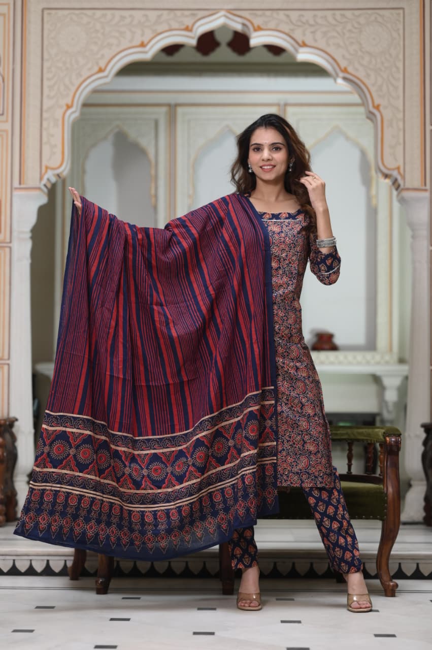 Exclusive Jaipuri Printed Cotton Kurti Set with Printed Plazo & Dupatta | Pure 60×60 Cotton- House Of The Handblock