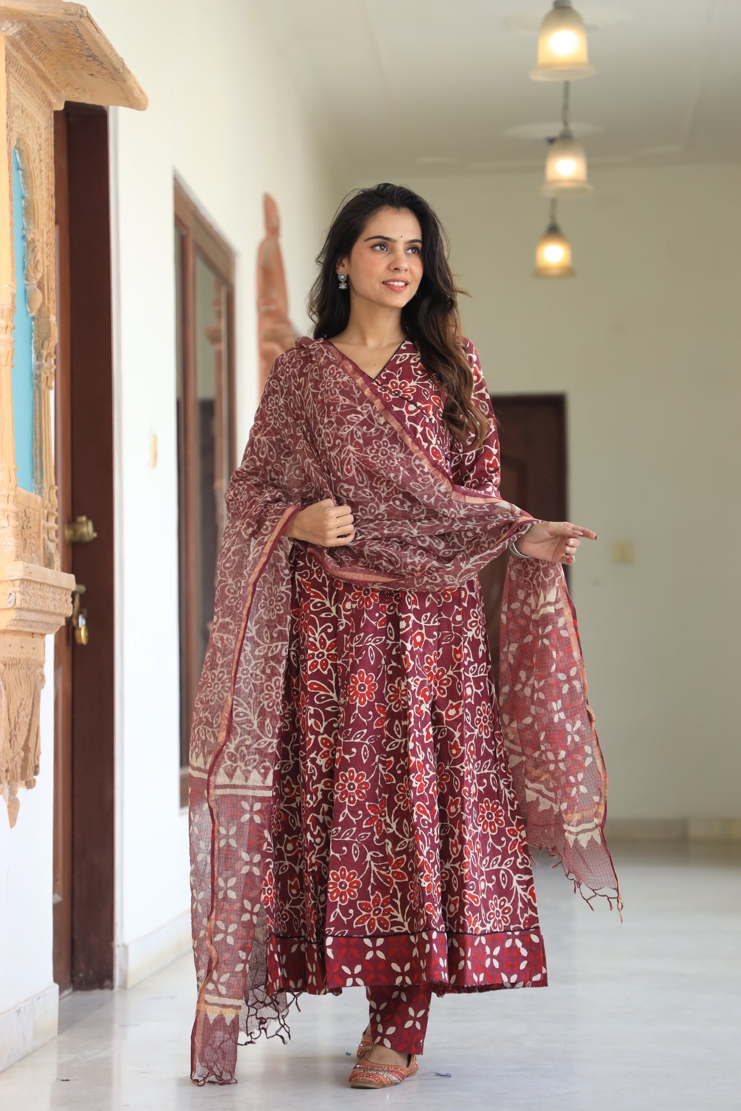 GI Tagged Handblock Printed Pure Cotton long Anarkali 3-Piece Set – Premium Quality 60x60 Fabric