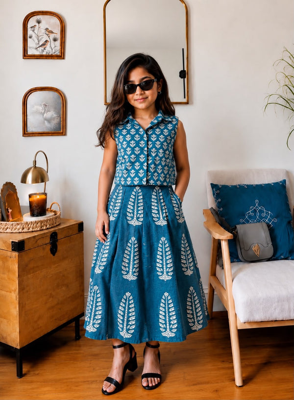 Trending Hand Block Printed Crop Top with Skirt Corset Set for Kids | Natural Cotton | Infant to 14 Years | Skin-Friendly | Customization Available | House Of The Handblock