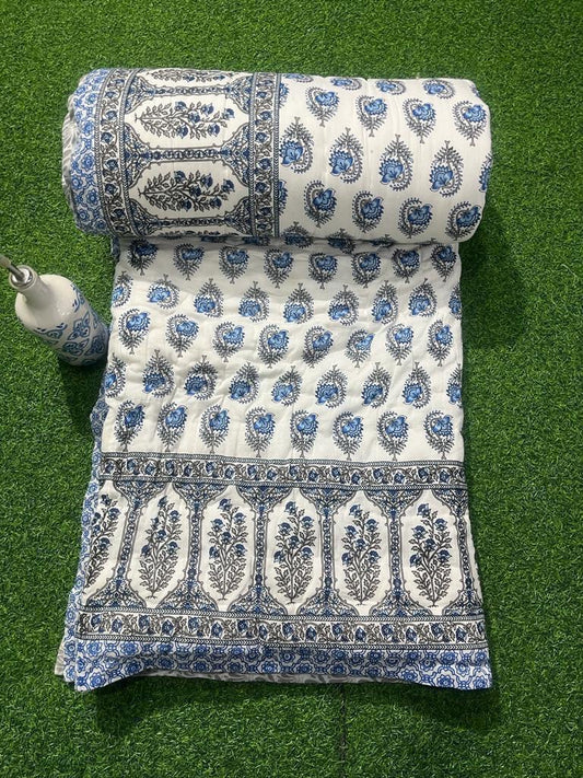 Premium Jaipuri Hand Block Printed Cotton Quilt (Rajai) | Reversible King Size Double Bed Quilt | 90x108 Inches | House Of The Handblock