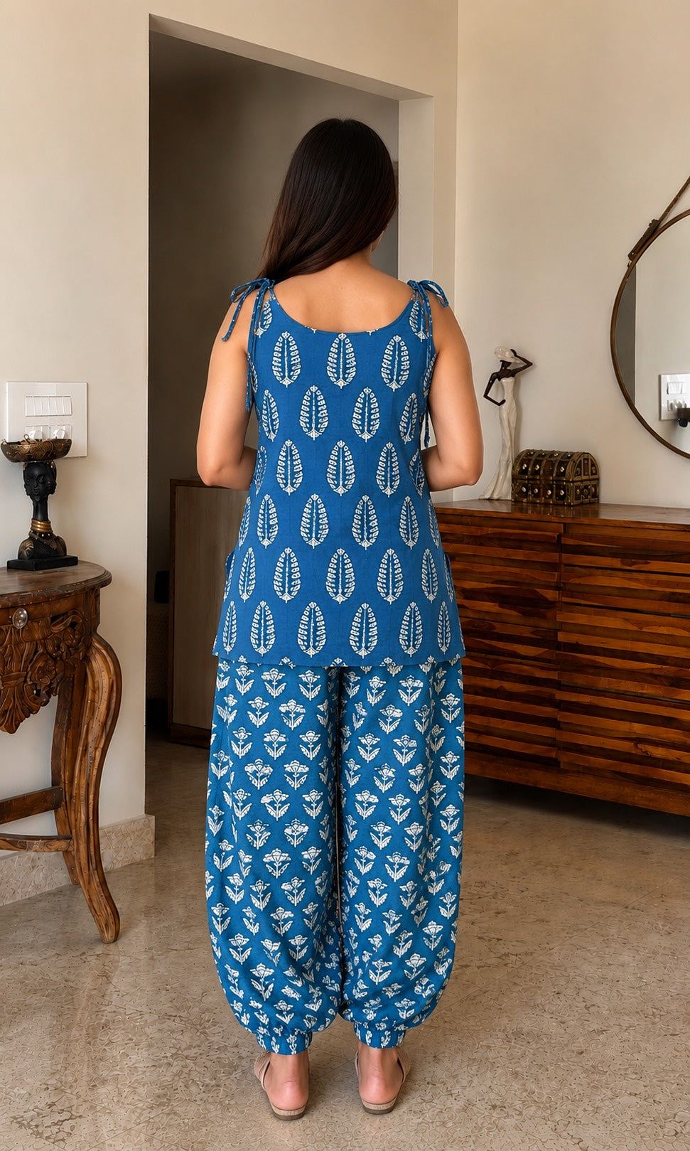 Natural Dyes Handblock Printed Cotton Tie-Up Shoulder Top with Farasi Salwar Set | Trendy Ethnic Co-Ord Set | Sizes XS to 8XL | House Of The Handblock