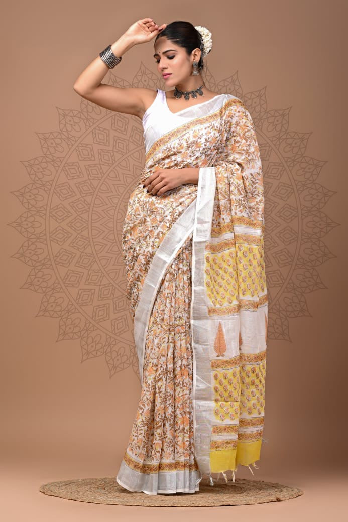 Pure Cotton Linen Hand Block Printed Saree with Blouse | Handcrafted Saree | House of the Handblock Jaipur