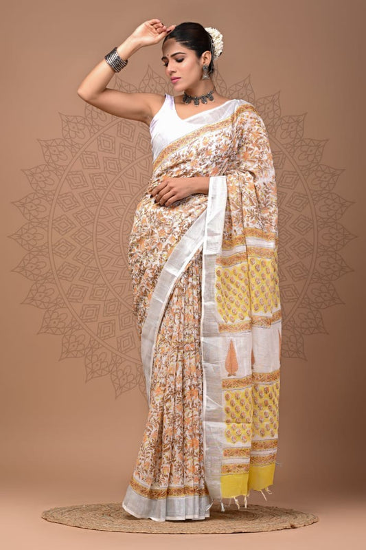 Pure Cotton Linen Hand Block Printed Saree with Blouse | Handcrafted Saree | House of the Handblock Jaipur