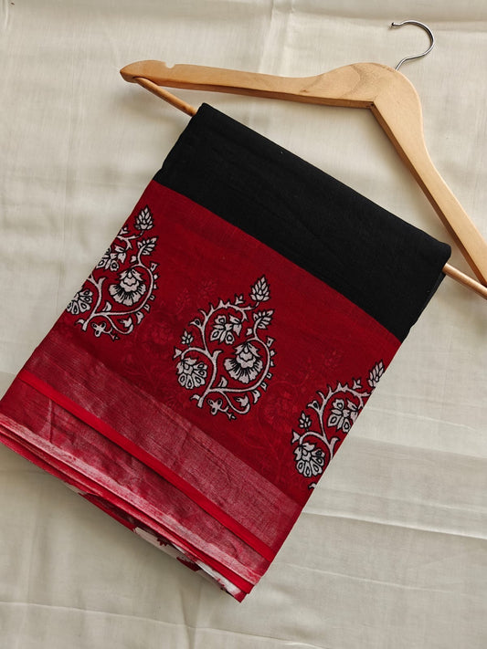 Pure Cotton Linen Hand Block Printed Saree with Blouse | Handcrafted Saree | House of the Handblock Jaipur