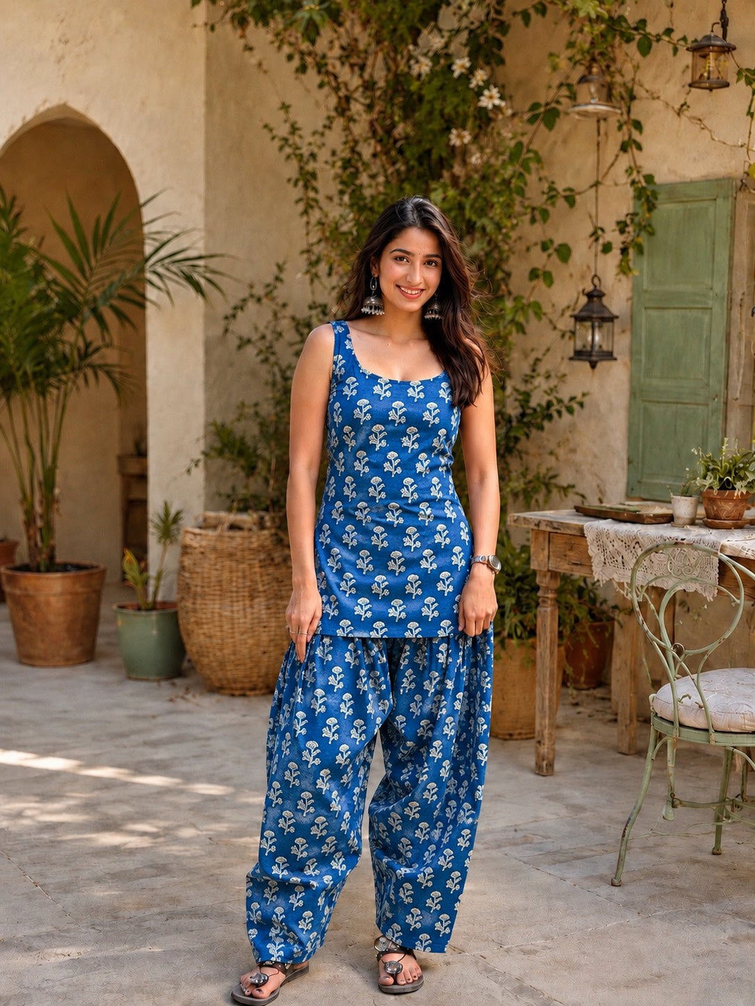 Natural Dyes Handblock Printed Cotton Sleeveless Farasi Salwar Set | Trending Ethnic Co-Ord Set | Sizes XS to 8XL | House Of The Handblock