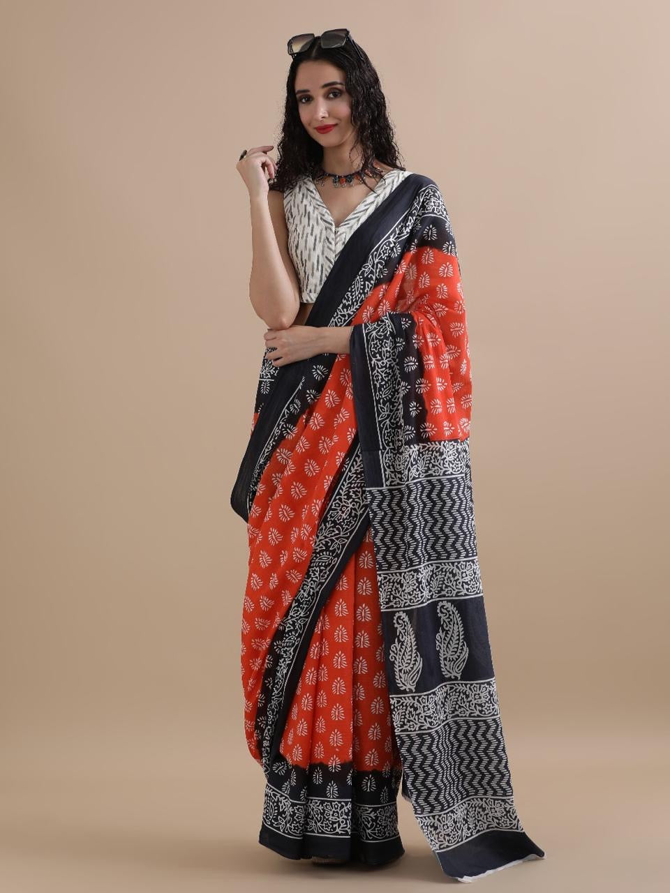 Pure Cotton Mul Mul Printed Saree with Blouse | Soft Handblock Style Saree | House of The Handblock