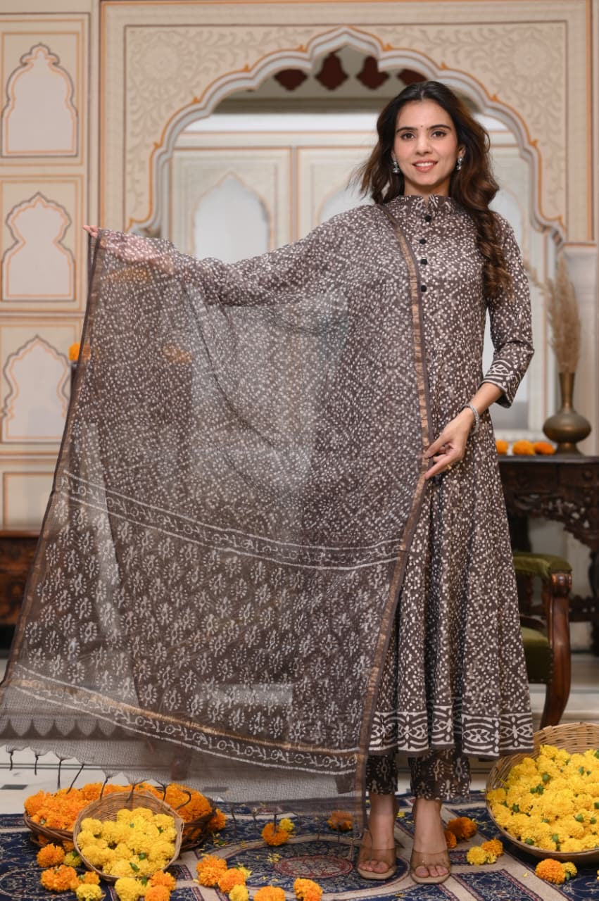 GI Tagged Handblock Printed Pure Cotton long Anarkali 3-Piece Set – Premium Quality 60x60 Fabric