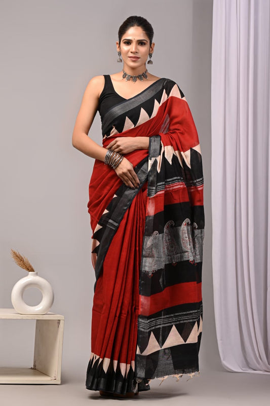 Pure Cotton Linen Hand Block Printed Saree with Blouse | Handcrafted Saree | House of the Handblock Jaipur