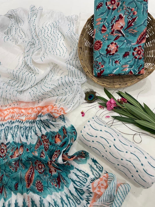 Cotton Suit Set with Pure Chiffon Dupatta and Cotton Bottom | 60×60 Cambric Cotton | House of the Handblock Jaipur