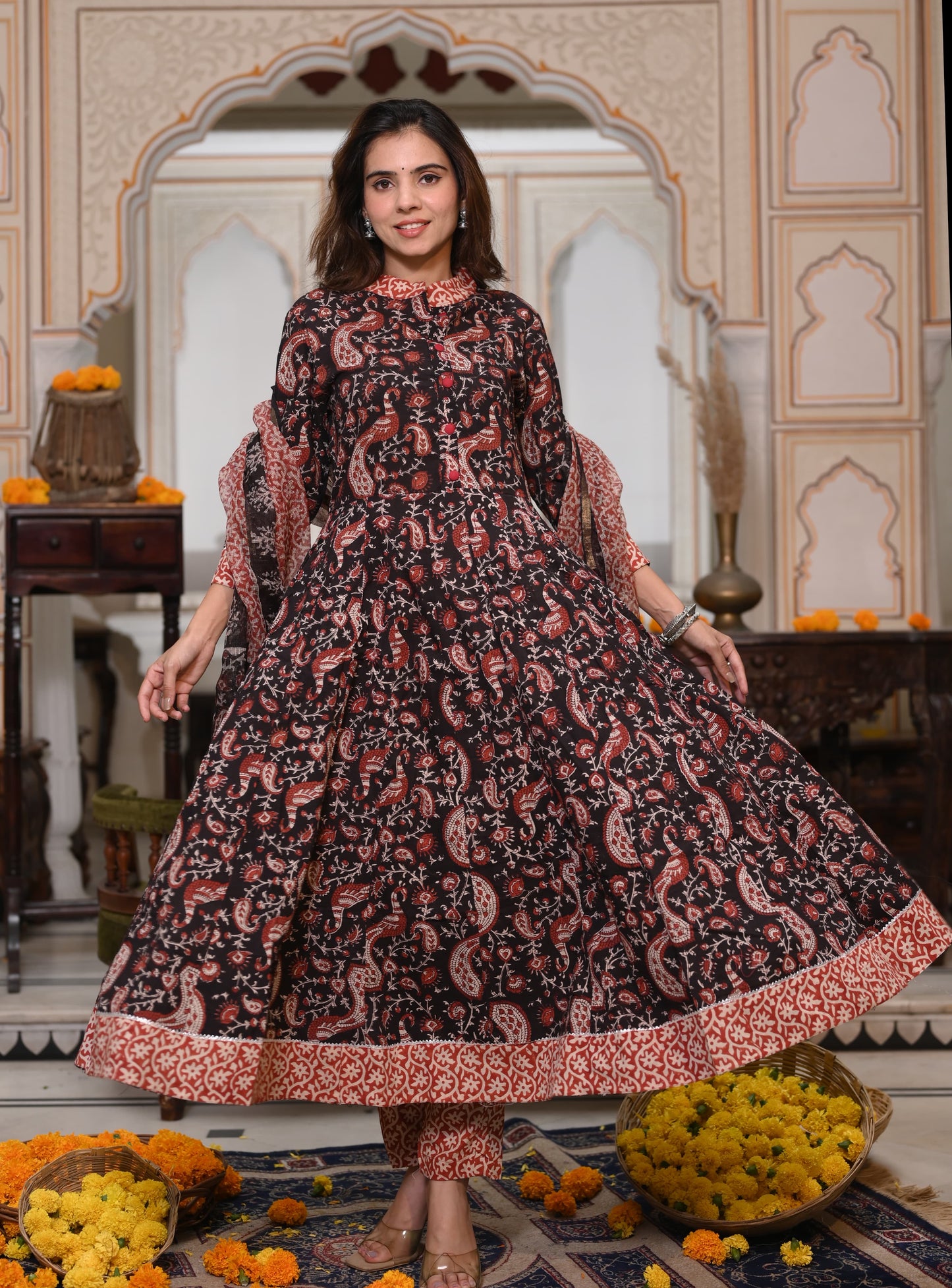 GI Tagged Handblock Printed Pure Cotton long Anarkali 3-Piece Set – Premium Quality 60x60 Fabric