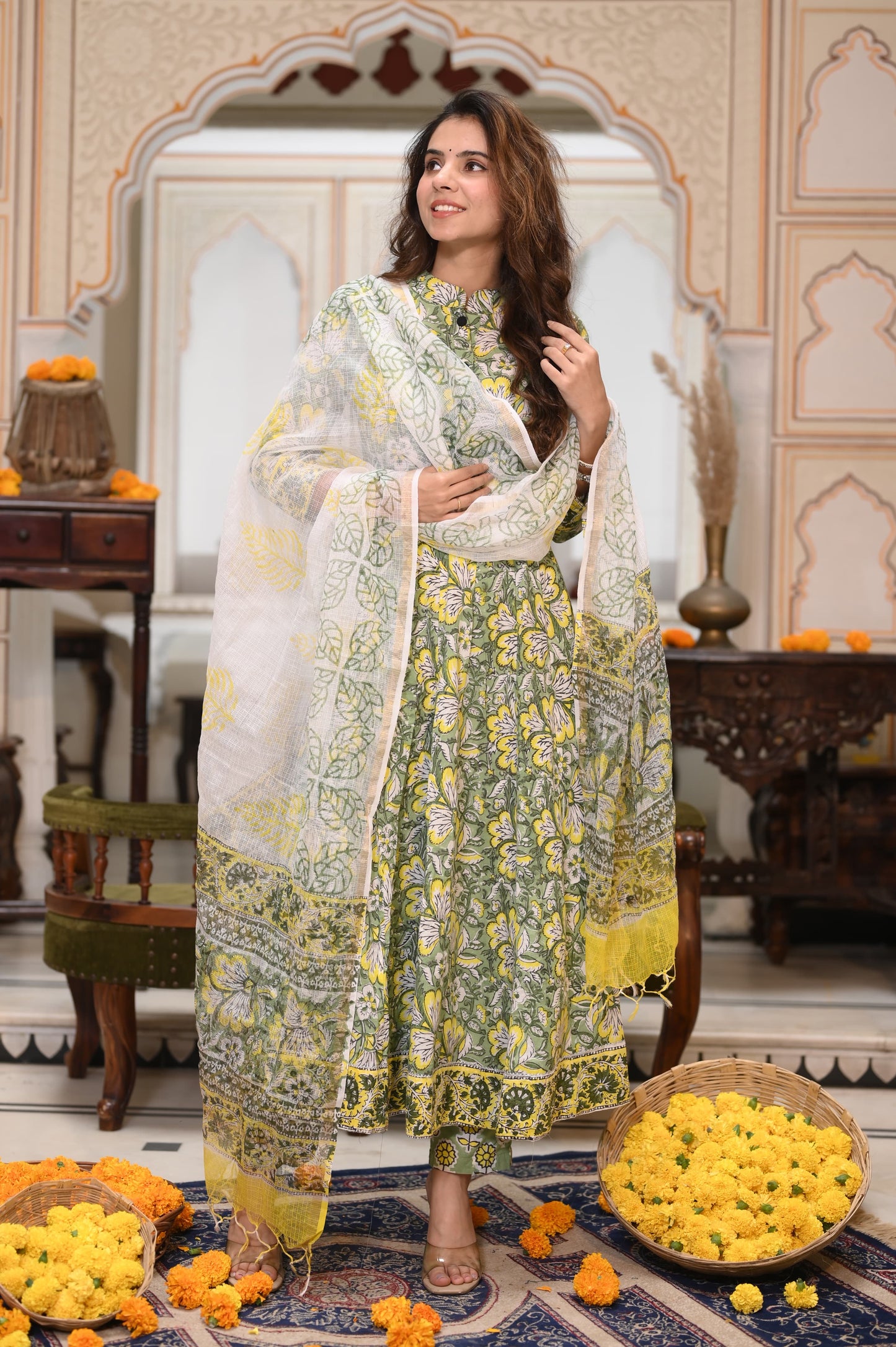 GI Tagged Handblock Printed Pure Cotton long Anarkali 3-Piece Set – Premium Quality 60x60 Fabric