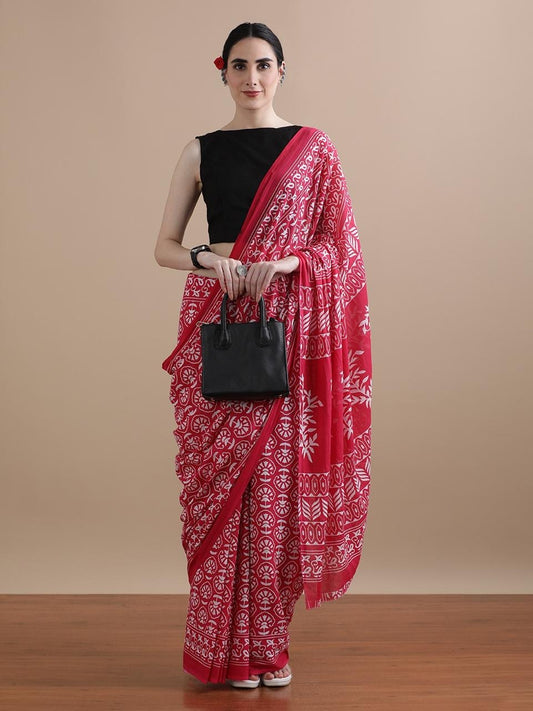 Pure Cotton Mul Mul Printed Saree with Blouse | Soft Handblock Style Saree | House of The Handblock