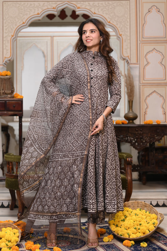 GI Tagged Handblock Printed Pure Cotton long Anarkali 3-Piece Set – Premium Quality 60x60 Fabric
