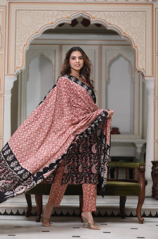 Exclusive Jaipuri Printed Cotton Kurti Set with Printed Plazo & Dupatta | Pure 60×60 Cotton- House Of The Handblock