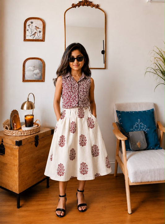 Trending Hand Block Printed Crop Top with Skirt Corset Set for Kids | Natural Cotton | Infant to 14 Years | Skin-Friendly | Customization Available | House Of The Handblock