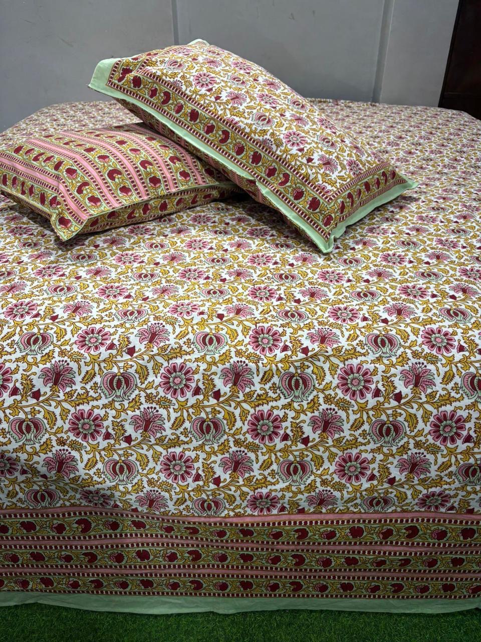 Premium Pure Cotton Super King Size Bedsheet 108×108 with 2 Pillow Covers | Colour Fast South Cotton Bedsheet | House Of The Handblock