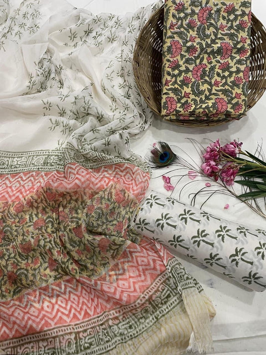 Cotton Suit Set with Pure Chiffon Dupatta and Cotton Bottom | 60×60 Cambric Cotton | House of the Handblock Jaipur
