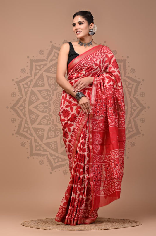 Maheshwari Silk Hand Block Printed Saree – Traditional Rajasthani Handcrafted Saree | House of the Handblock Jaipur