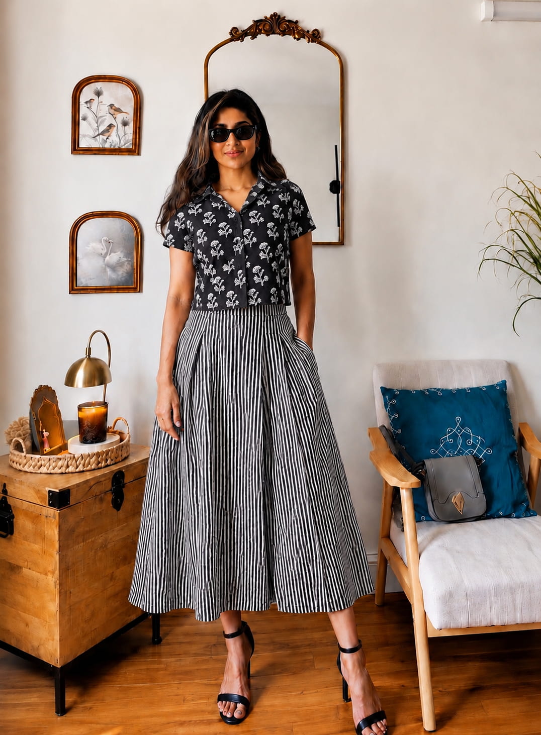 Natural Handblock Printed Cotton Co-Ord Set | Sleeveless Collar Top & Elastic Pocket Skirt | Pure Cotton | XS to 8XL | House Of The Handblock