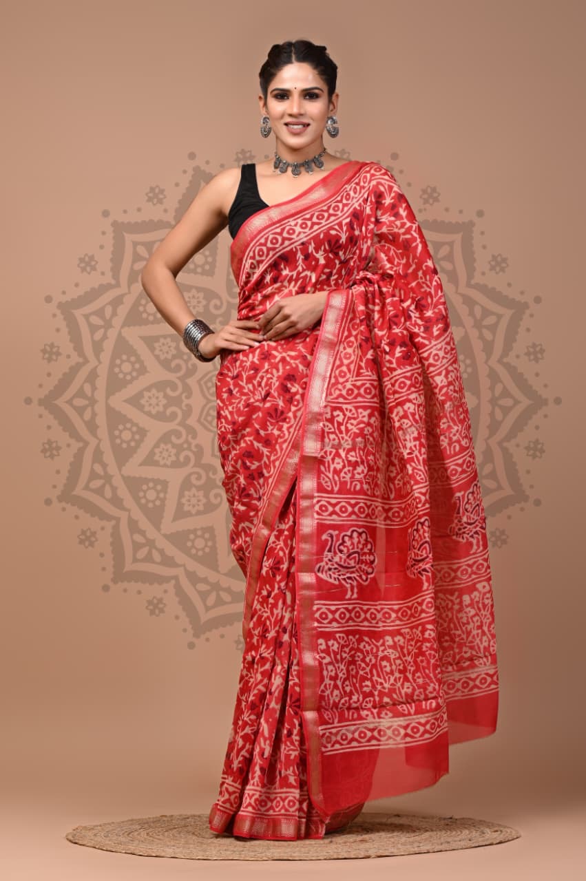Maheshwari Silk Hand Block Printed Saree – Traditional Rajasthani Handcrafted Saree | House of the Handblock Jaipur