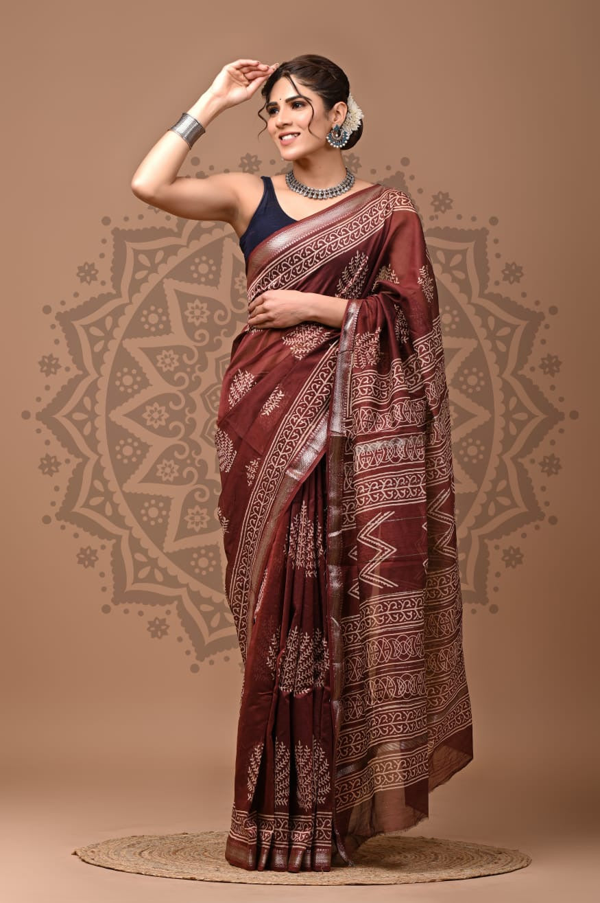 Maheshwari Silk Hand Block Printed Saree – Traditional Rajasthani Handcrafted Saree | House of the Handblock Jaipur
