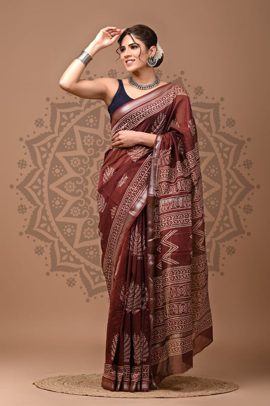 Maheshwari Silk Hand Block Printed Saree – Traditional Rajasthani Handcrafted Saree | House of the Handblock Jaipur