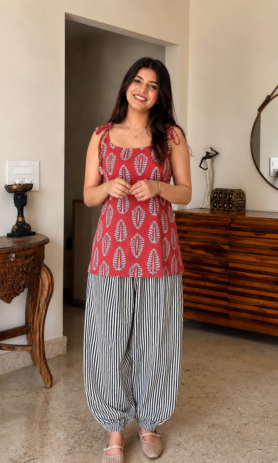 Natural Dyes Handblock Printed Cotton Tie-Up Shoulder Top with Farasi Salwar Set | Trendy Ethnic Co-Ord Set | Sizes XS to 8XL | House Of The Handblock