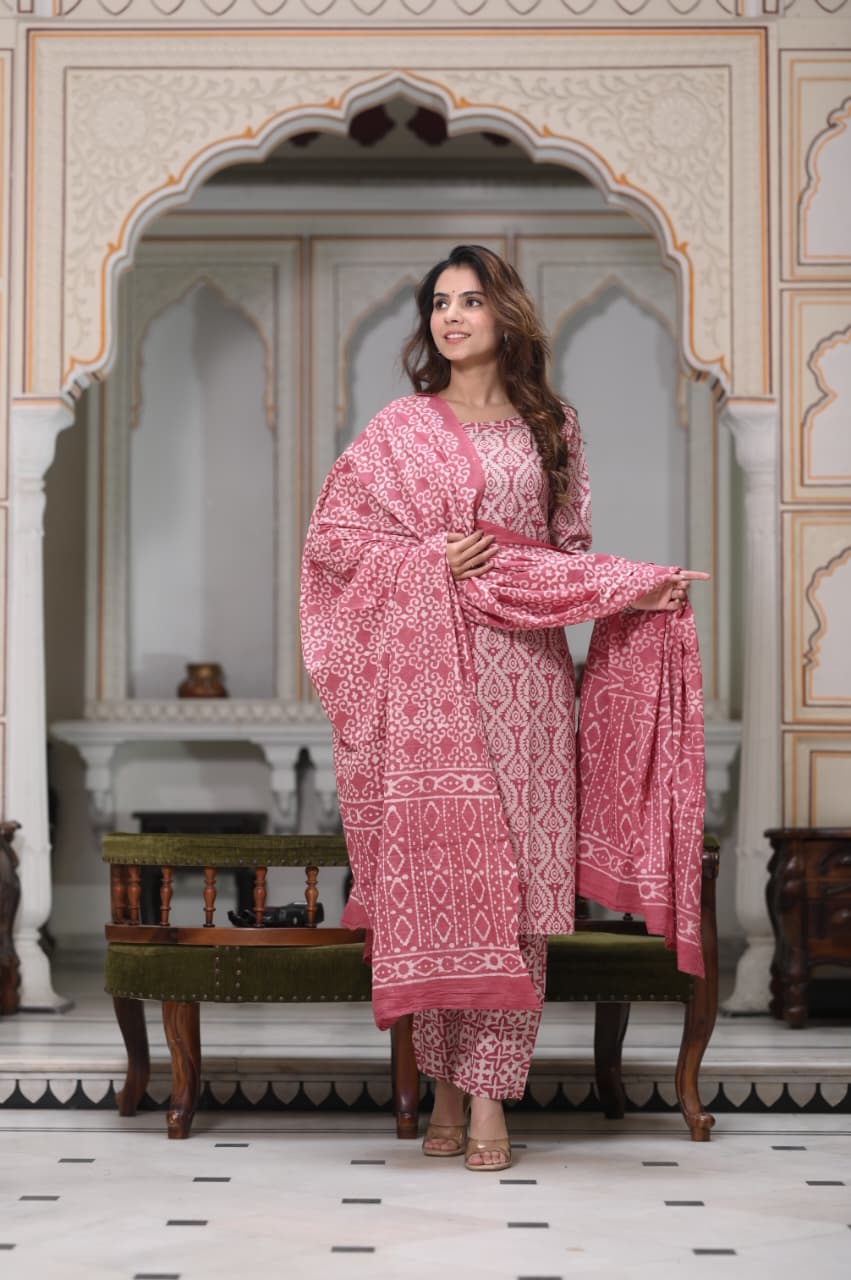 Exclusive Jaipuri Printed Cotton Kurti Set with Printed Plazo & Dupatta | Pure 60×60 Cotton- House Of The Handblock
