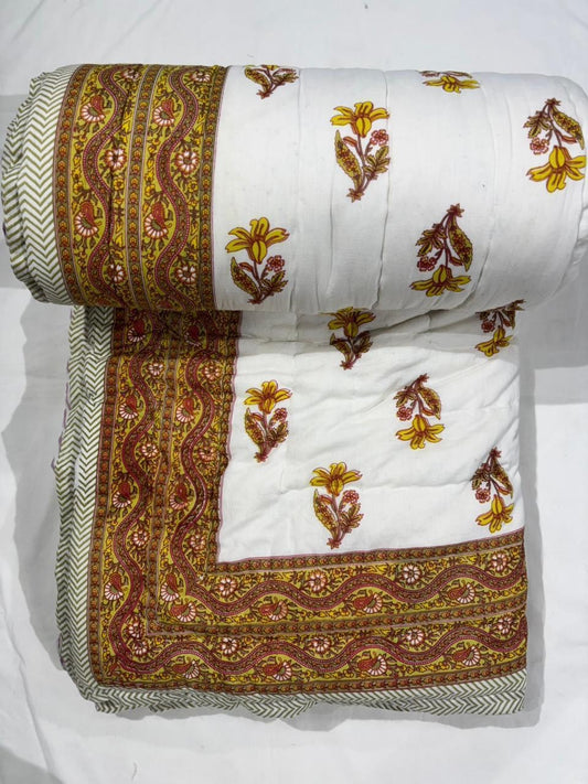 Premium Jaipuri Hand Block Printed Cotton Quilt (Rajai) | Reversible King Size Double Bed Quilt | 90x108 Inches | House Of The Handblock