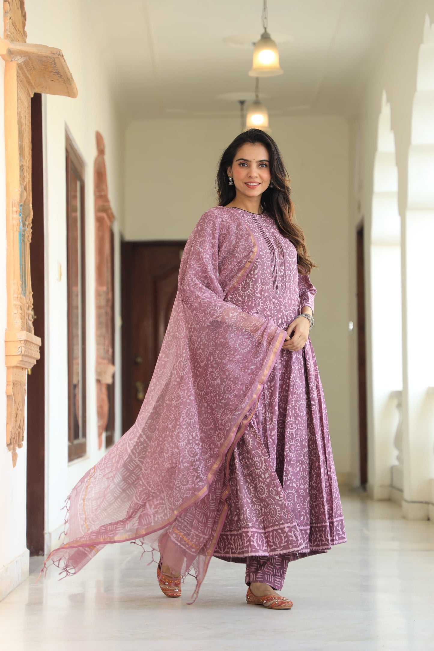 GI Tagged Handblock Printed Pure Cotton long Anarkali 3-Piece Set – Premium Quality 60x60 Fabric