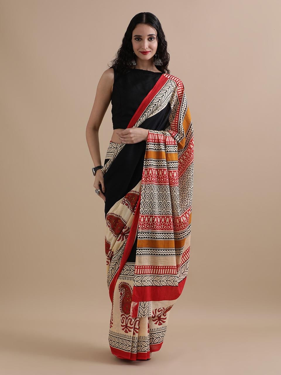 Pure Cotton Mul Mul Printed Saree with Blouse | Soft Handblock Style Saree | House of The Handblock
