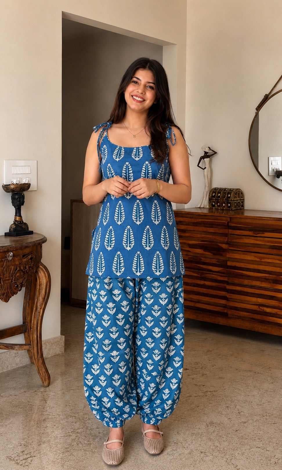Natural Dyes Handblock Printed Cotton Tie-Up Shoulder Top with Farasi Salwar Set | Trendy Ethnic Co-Ord Set | Sizes XS to 8XL | House Of The Handblock