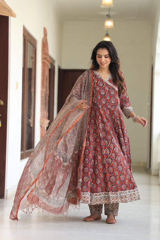 (GI Tagged Handblock Printed Pure Cotton long Anarkali 3-Piece Set – Premium Quality 60x60 Fabric