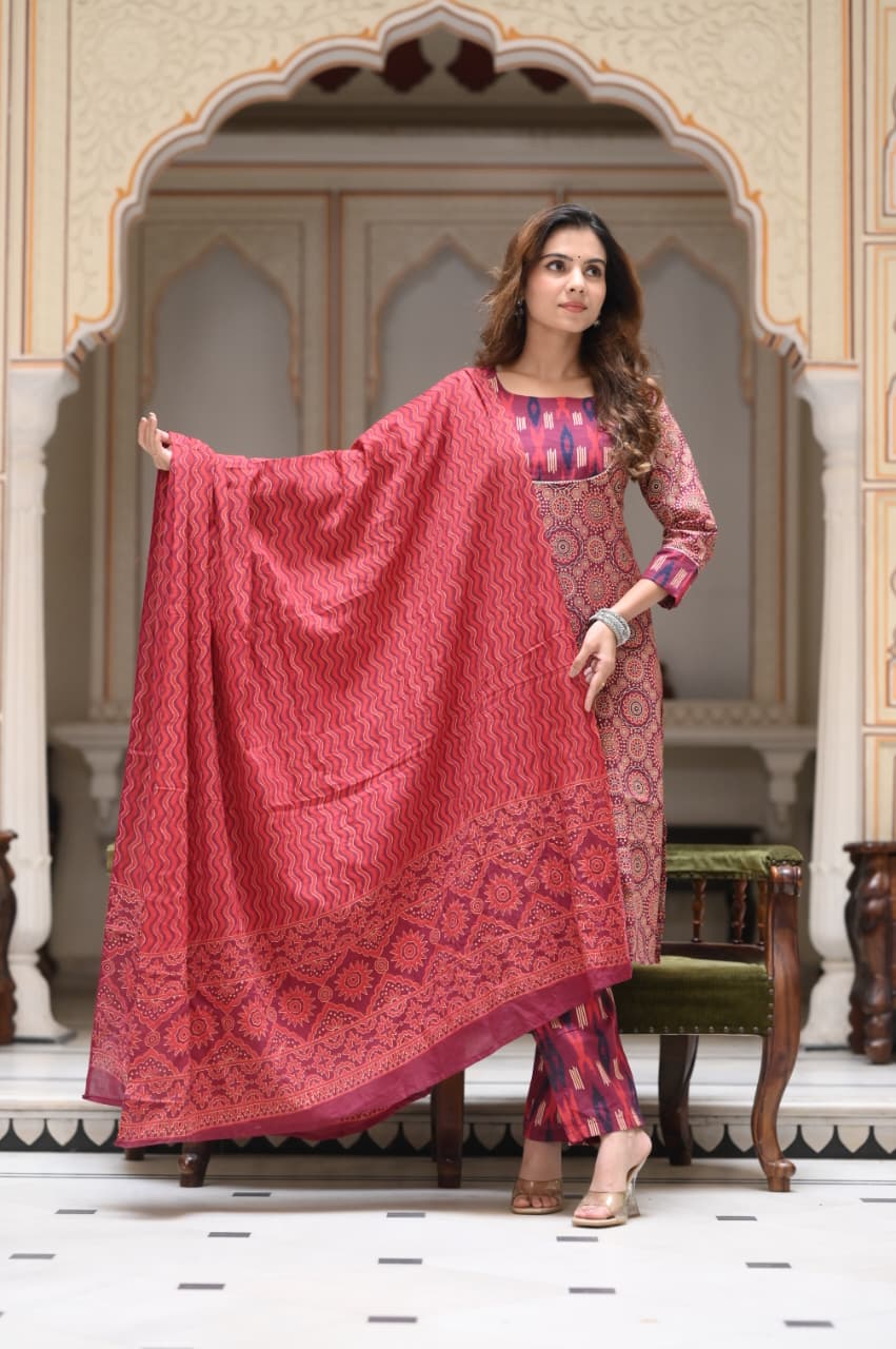 Exclusive Jaipuri Printed Cotton Kurti Set with Printed Plazo & Dupatta | Pure 60×60 Cotton- House Of The Handblock