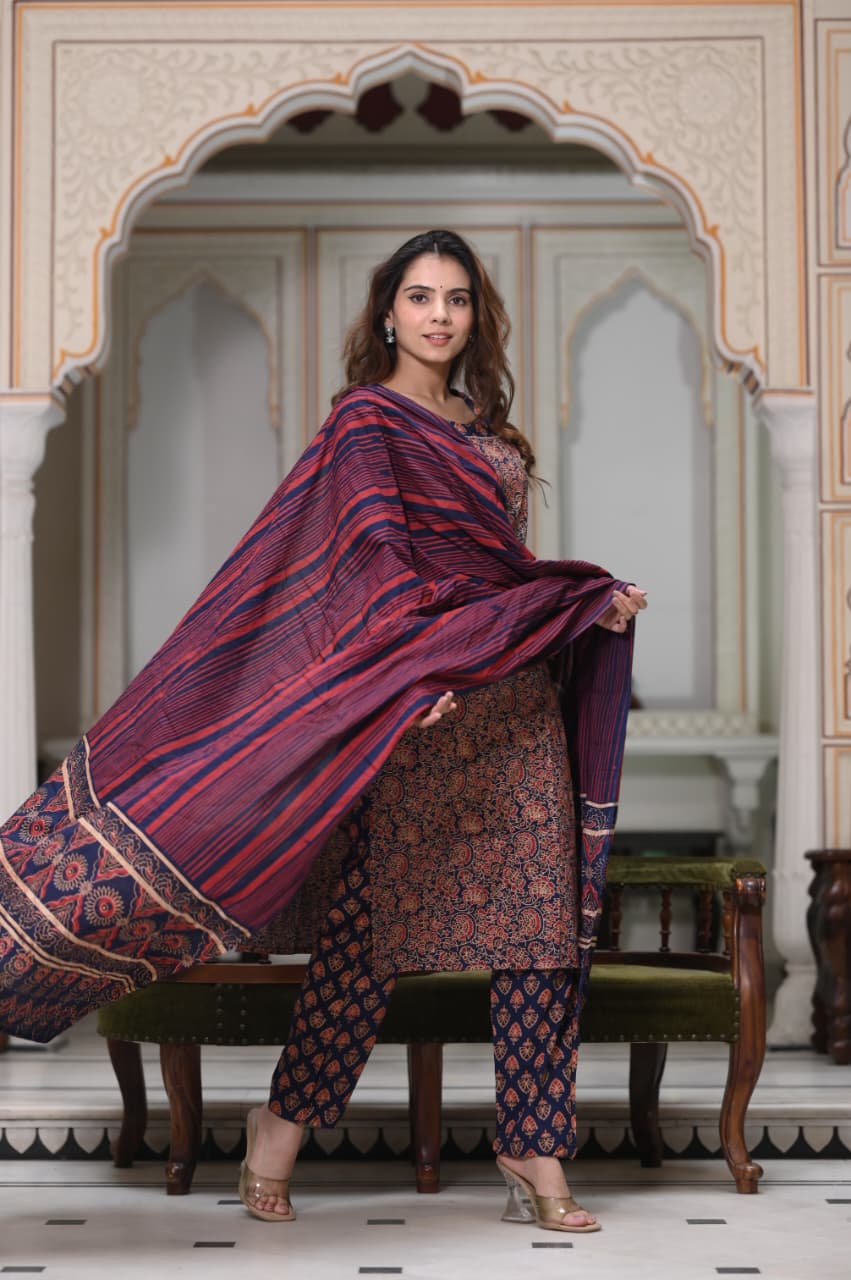 Exclusive Jaipuri Printed Cotton Kurti Set with Printed Plazo & Dupatta | Pure 60×60 Cotton- House Of The Handblock