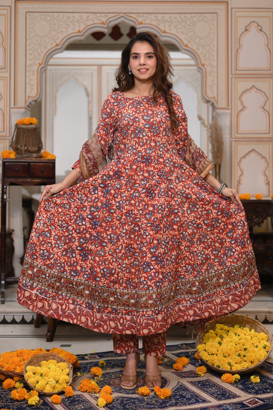 GI Tagged Handblock Printed Pure Cotton long Anarkali 3-Piece Set – Premium Quality 60x60 Fabric