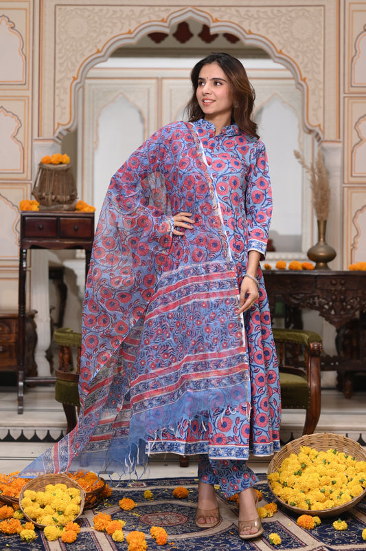 GI Tagged Handblock Printed Pure Cotton long Anarkali 3-Piece Set – Premium Quality 60x60 Fabric