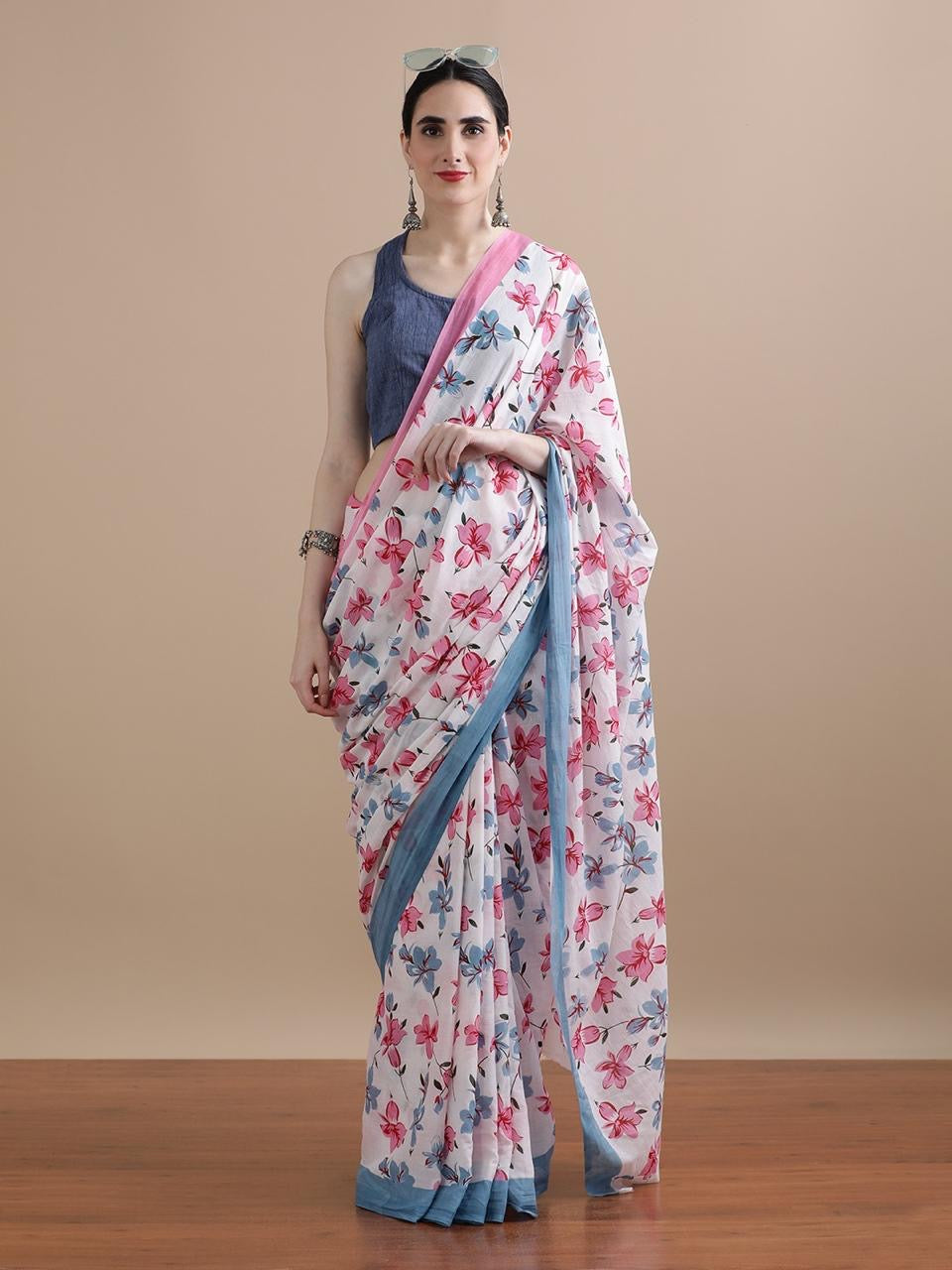 Pure Cotton Mul Mul Printed Saree with Blouse | Soft Handblock Style Saree | House of The Handblock