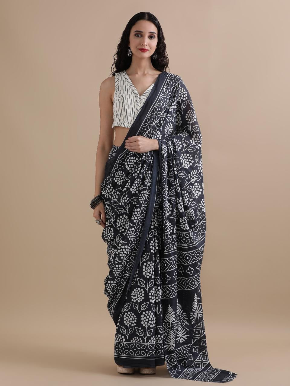Pure Cotton Mul Mul Printed Saree with Blouse | Soft Handblock Style Saree | House of The Handblock