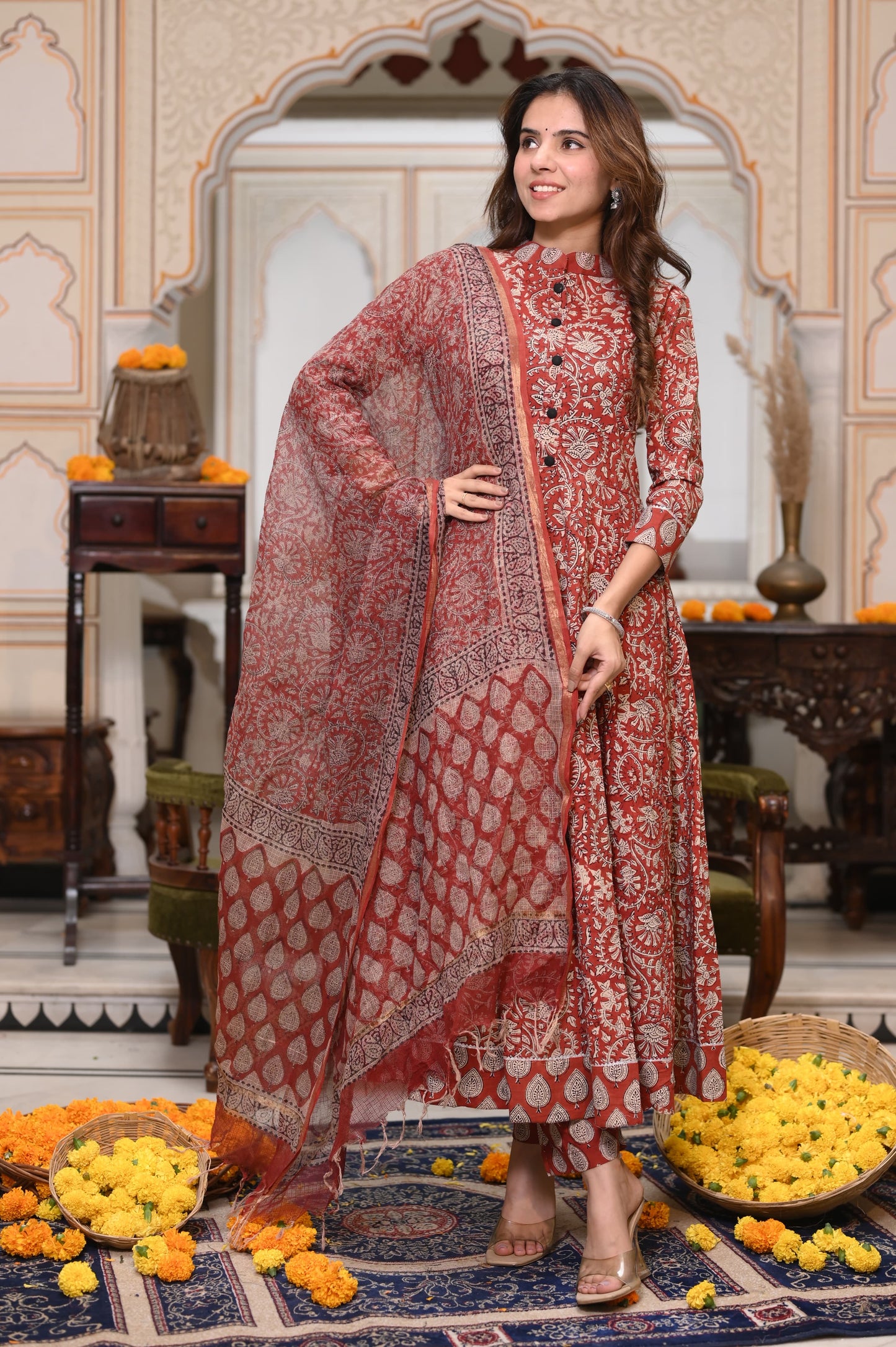 GI Tagged Handblock Printed Pure Cotton long Anarkali 3-Piece Set – Premium Quality 60x60 Fabric