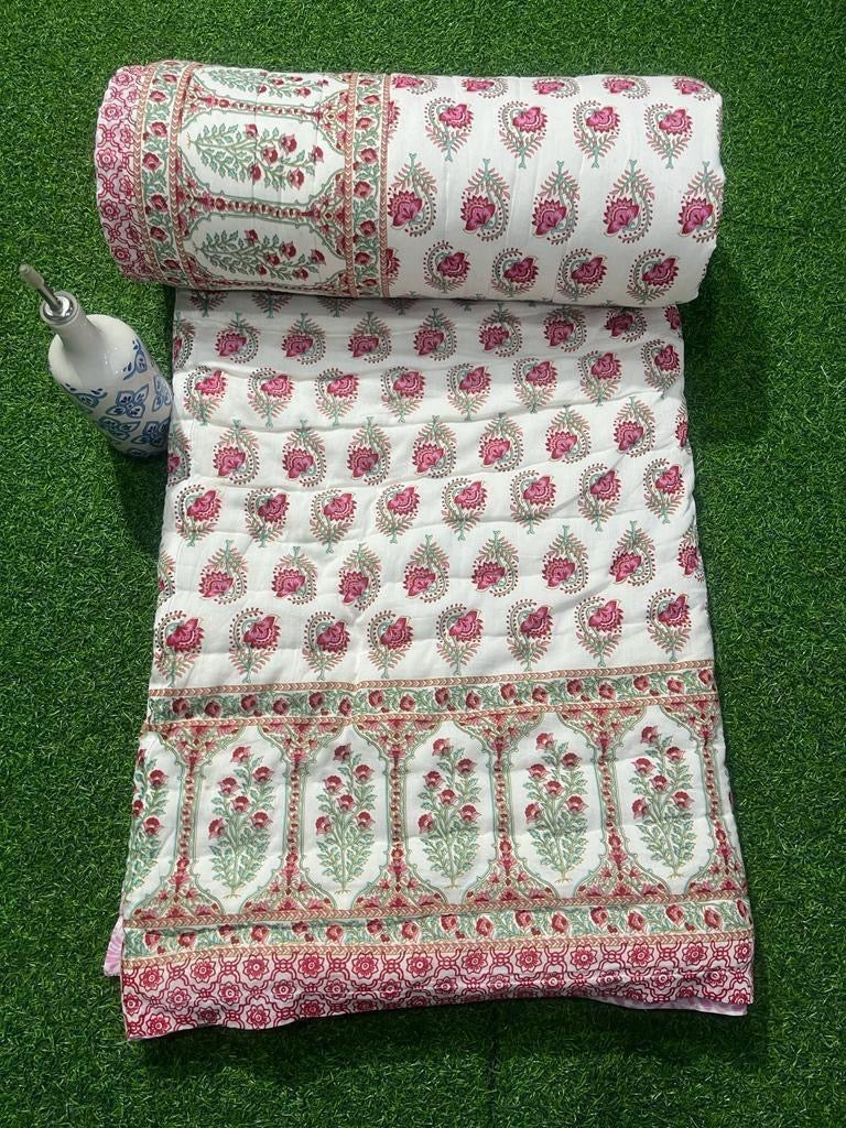Premium Jaipuri Hand Block Printed Cotton Quilt (Rajai) | Reversible King Size Double Bed Quilt | 90x108 Inches | House Of The Handblock