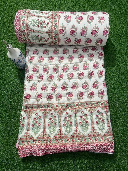 Premium Jaipuri Hand Block Printed Cotton Quilt (Rajai) | Reversible King Size Double Bed Quilt | 90x108 Inches | House Of The Handblock