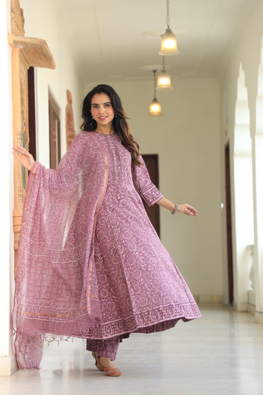 GI Tagged Handblock Printed Pure Cotton long Anarkali 3-Piece Set – Premium Quality 60x60 Fabric