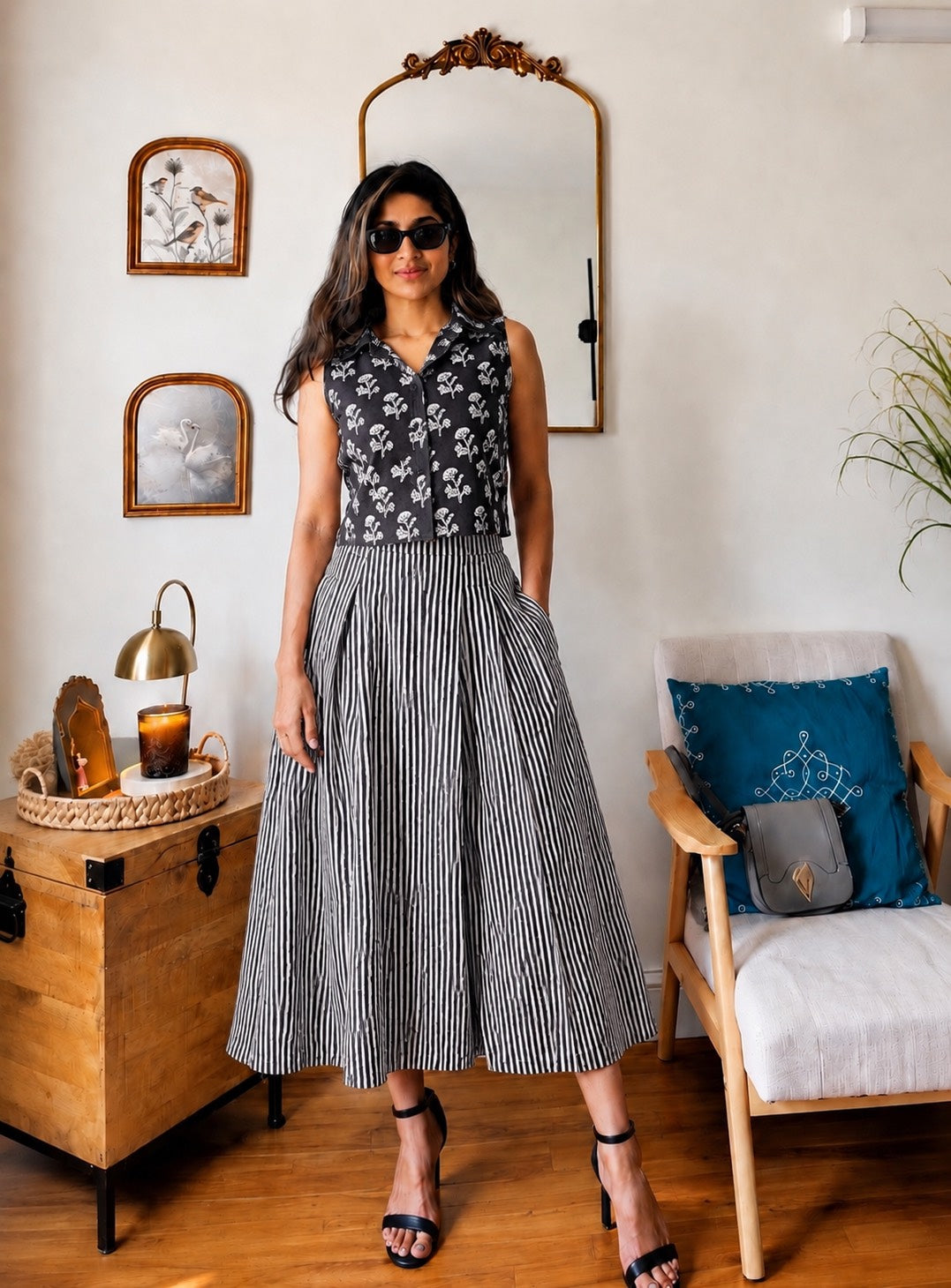 Natural Handblock Printed Cotton Co-Ord Set | Sleeveless Collar Top & Elastic Pocket Skirt | Pure Cotton | XS to 8XL | House Of The Handblock