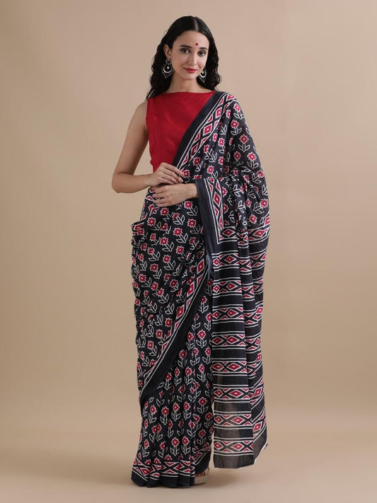 Pure Cotton Mul Mul Printed Saree with Blouse | Soft Handblock Style Saree | House of The Handblock Jaipur