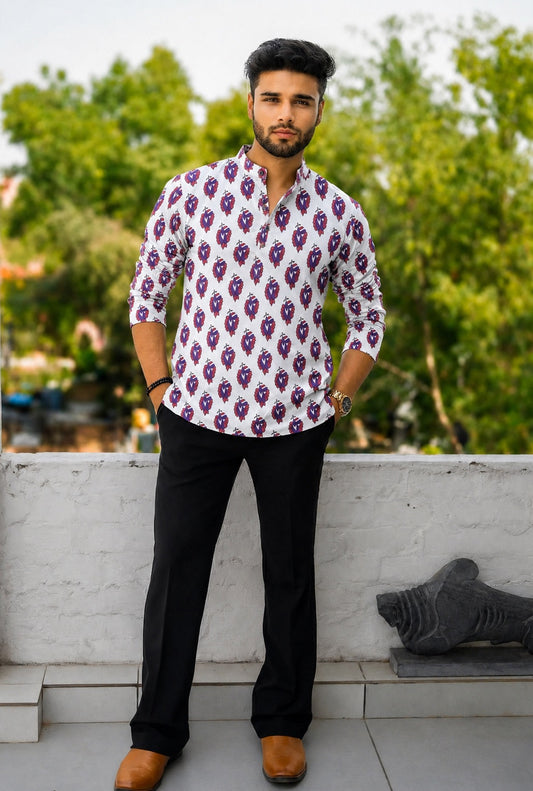 Handblock Printed Cotton Men’s Short Kurta – Premium Fit | Mandrain Collar | XS–8XL